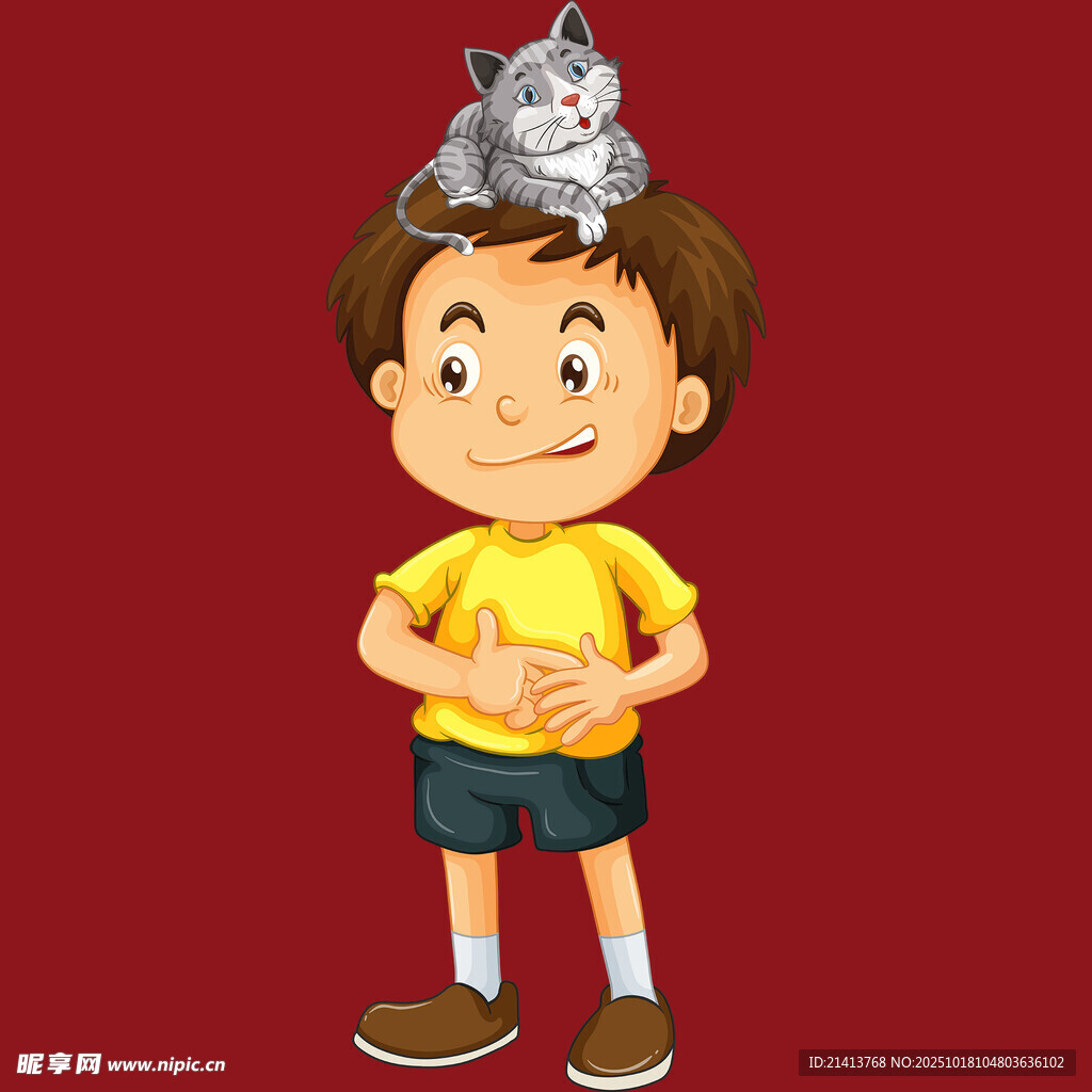 头顶猫咪的可爱小男孩