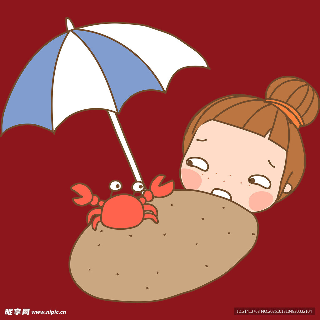 女孩与螃蟹在伞下休憩