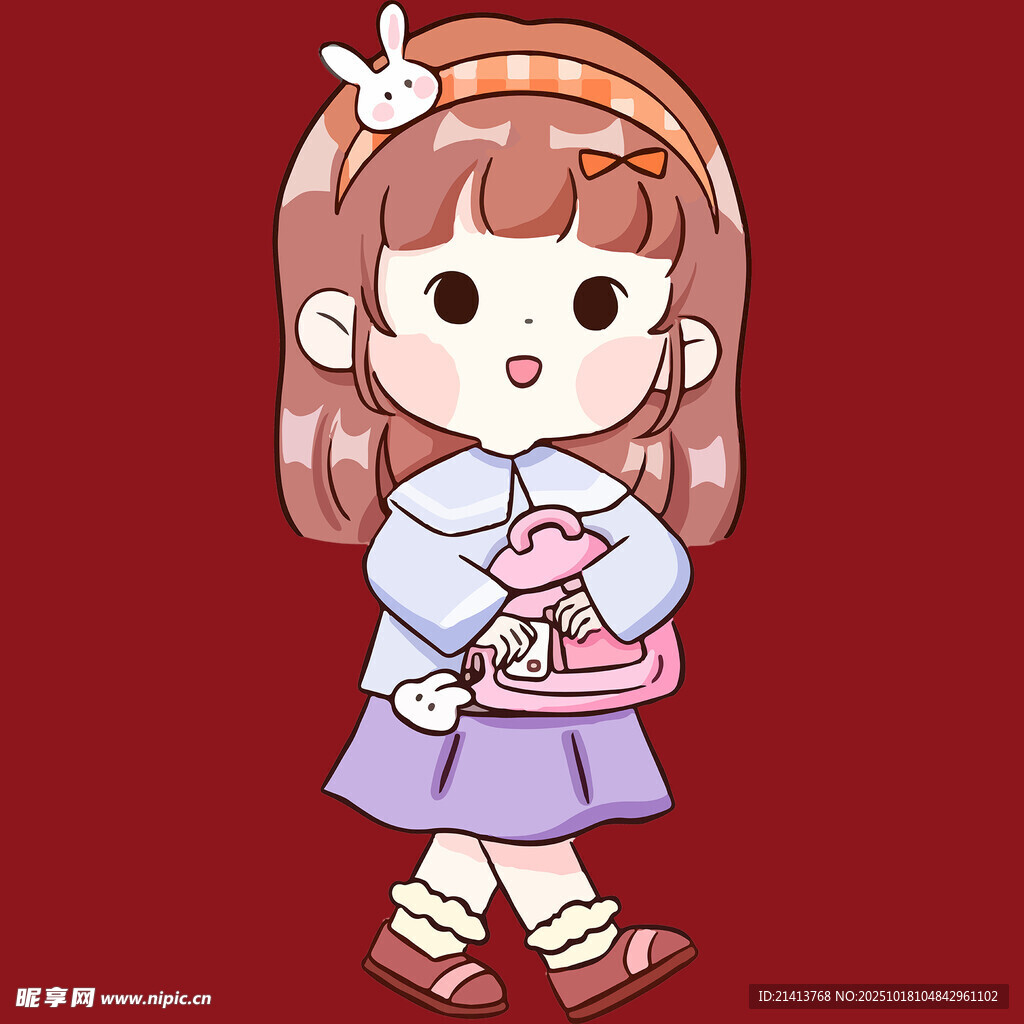 可爱女孩抱着粉色兔子玩偶