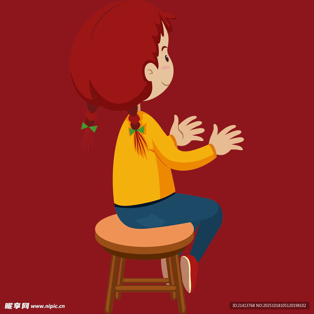 扎辫女孩坐凳上做手势