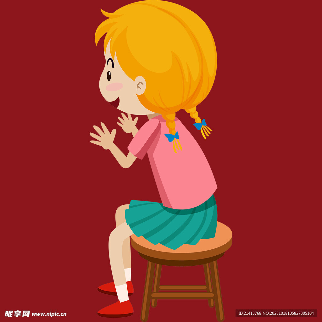 扎辫女孩坐凳上张望