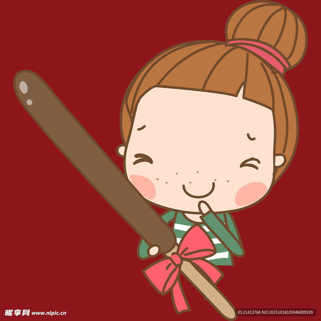 手持长棍的可爱卡通女孩