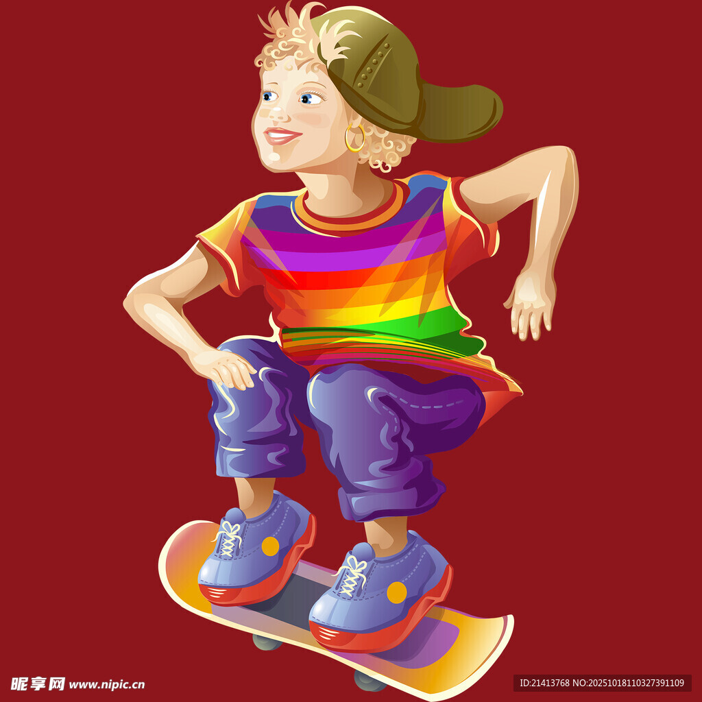 彩色着装男孩玩滑板瞬间