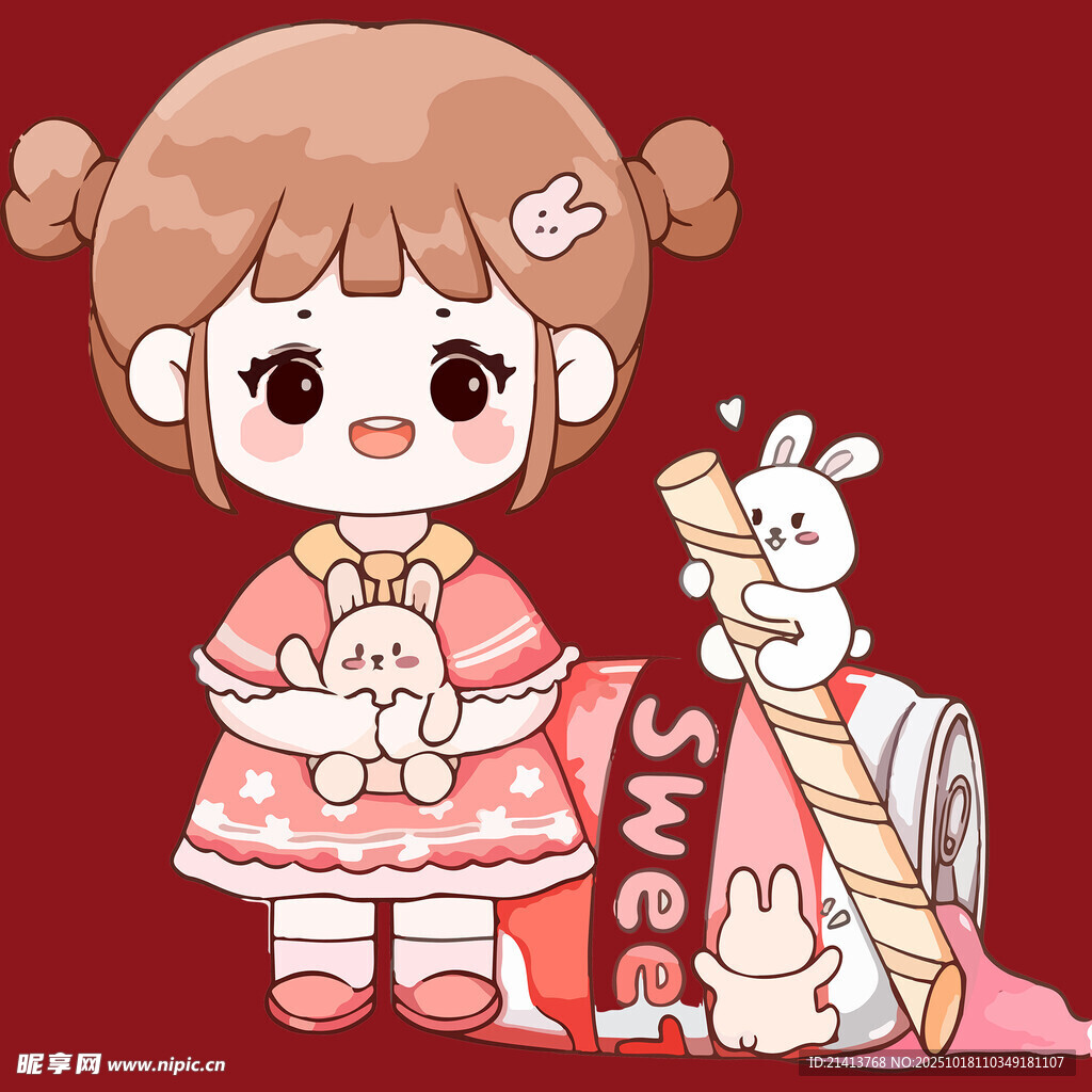 可爱女孩与小兔玩偶糖果
