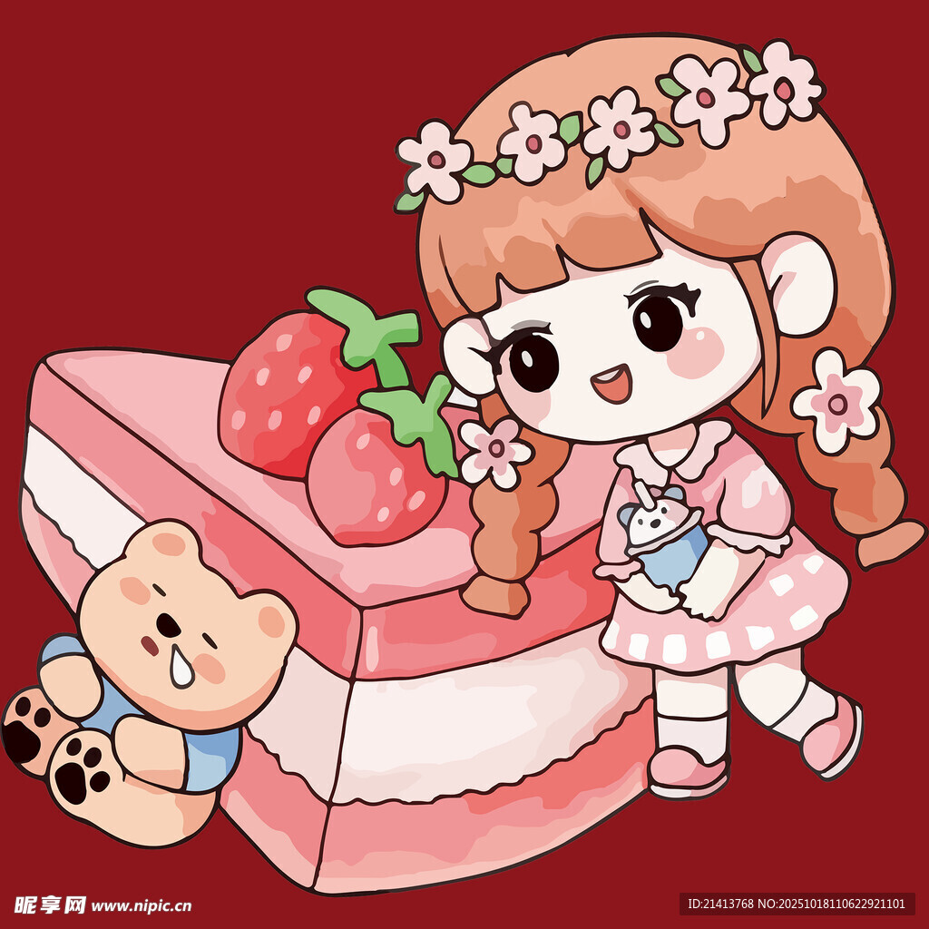 草莓蛋糕旁的可爱女孩