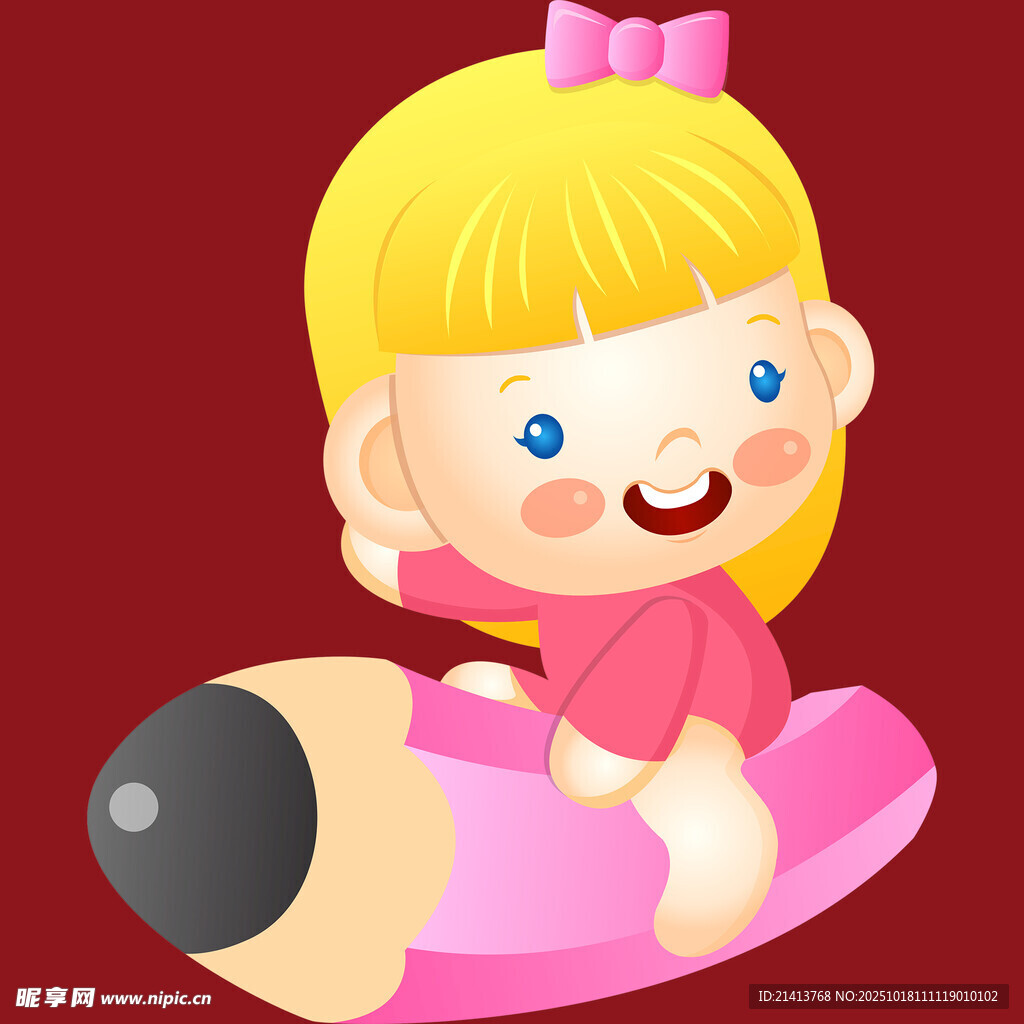 小女孩骑在彩色铅笔上