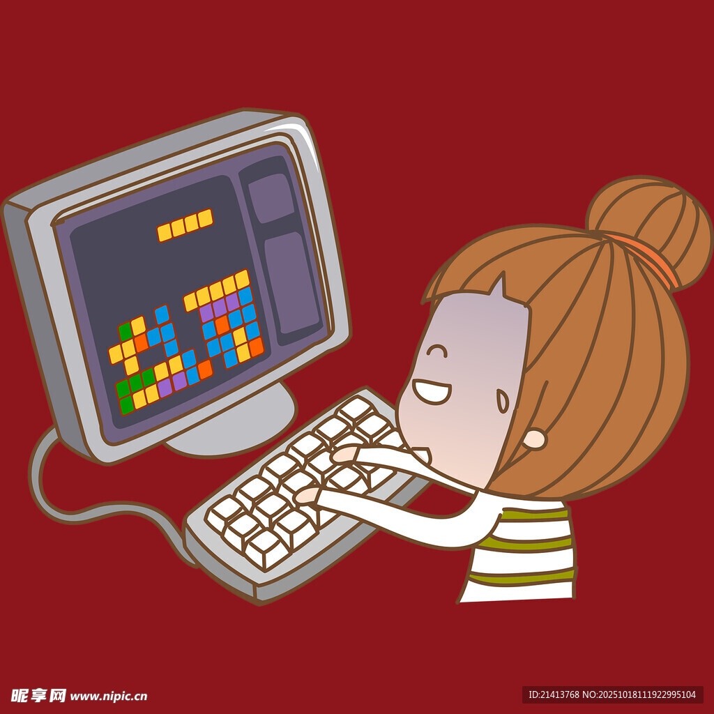 女孩专注玩电脑俄罗斯方块