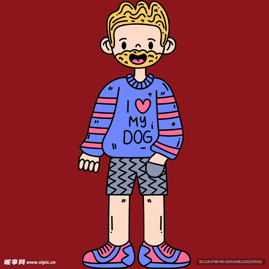 穿条纹衣爱狗的卡通男孩