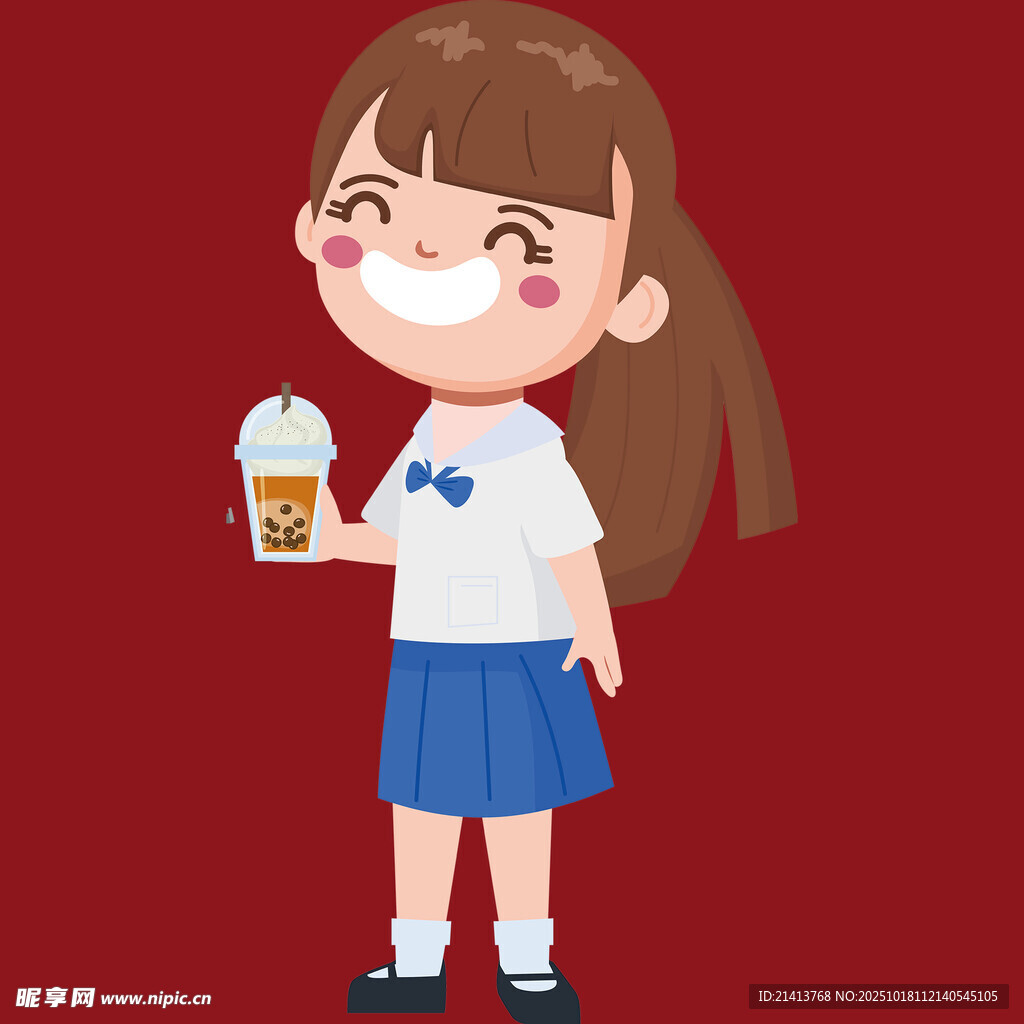穿校服喝奶茶的快乐女孩