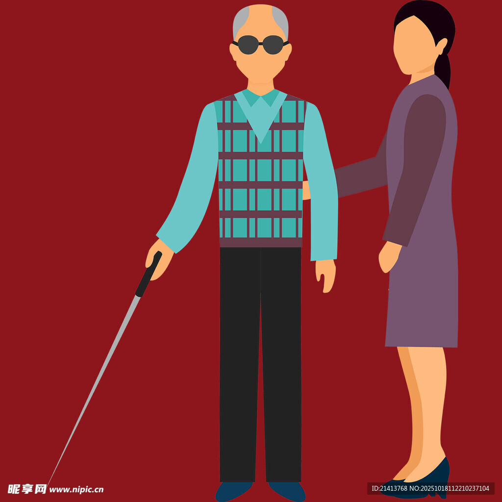 盲人男子与陪伴者同行