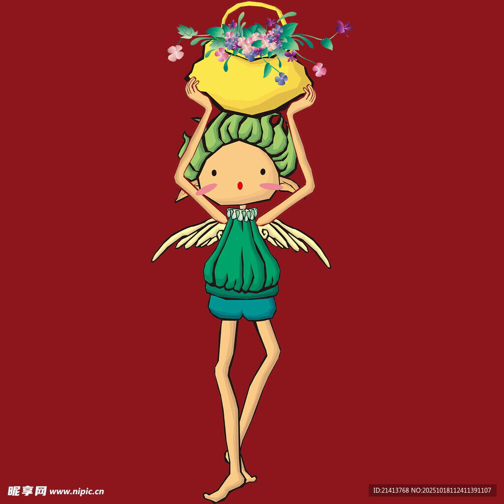 头顶花篮的俏皮女孩