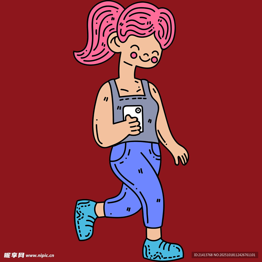 粉色头发女孩持杯漫步