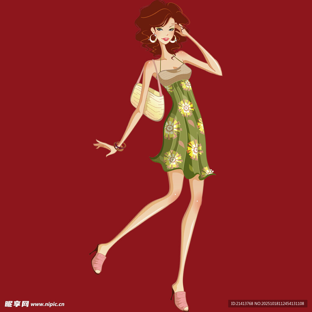 时尚绿裙女子优雅起舞