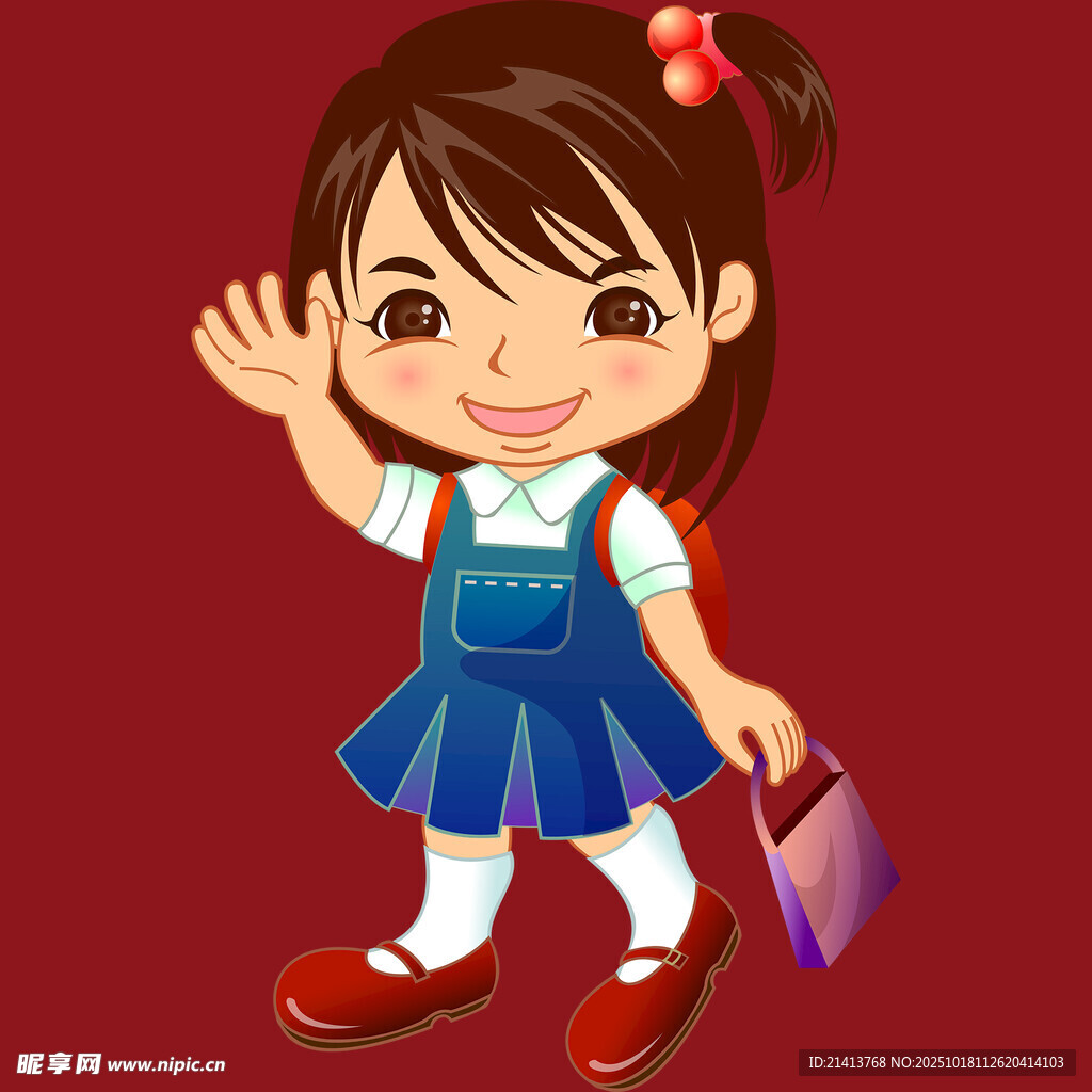 挥手的可爱上学小女孩