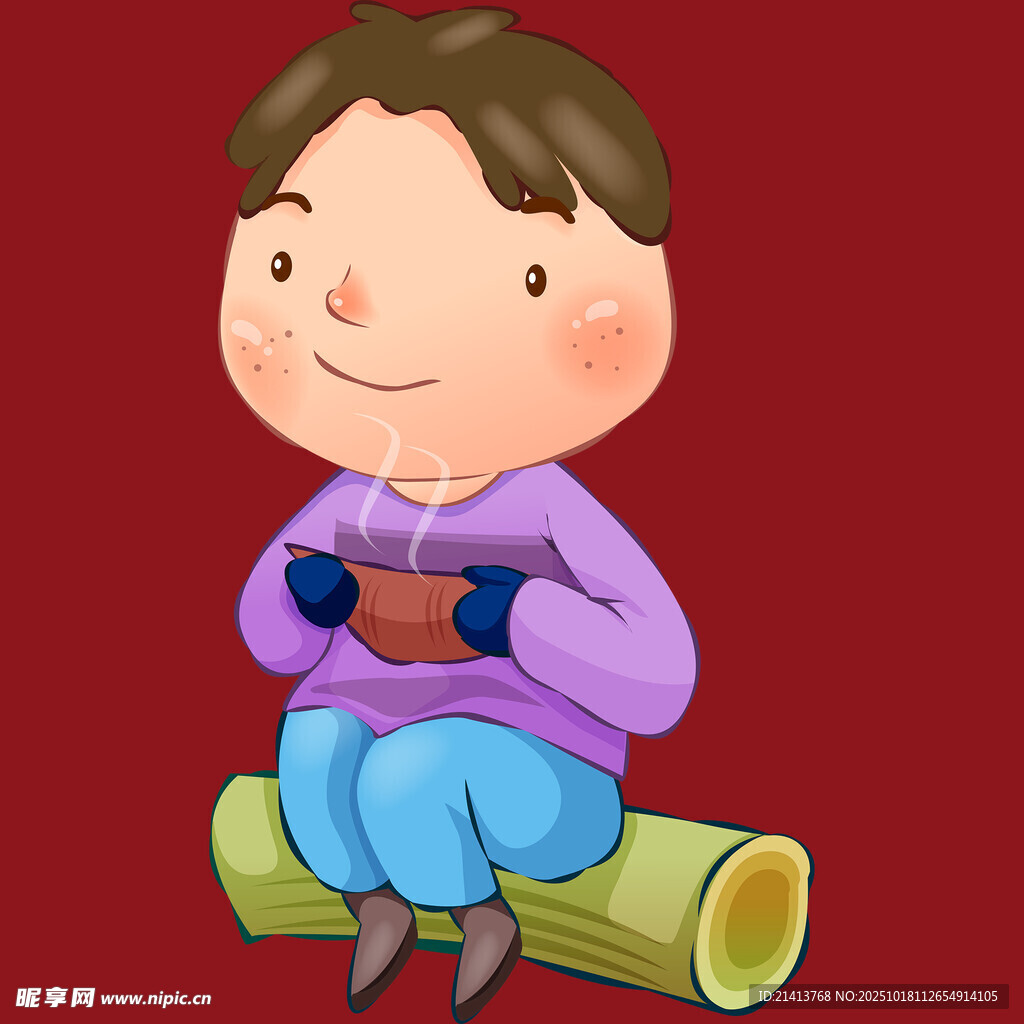 小男孩坐木头上捧杯喝茶