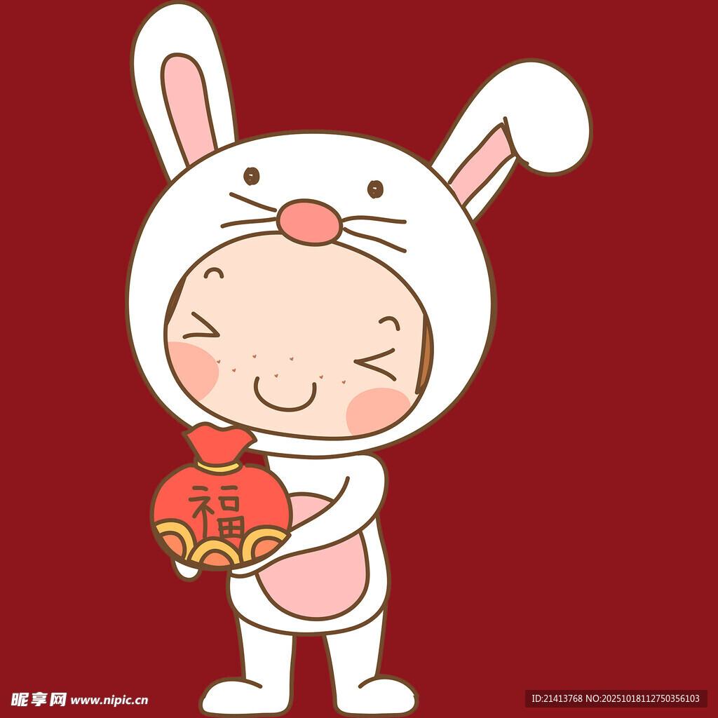 穿兔装小孩捧金元宝
