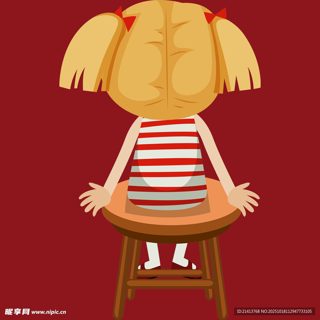 背对镜头坐凳的条纹裙女孩