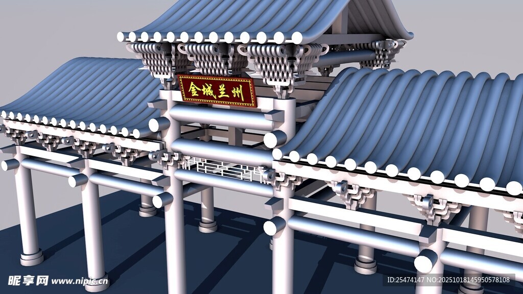 中式古风长廊建筑模型