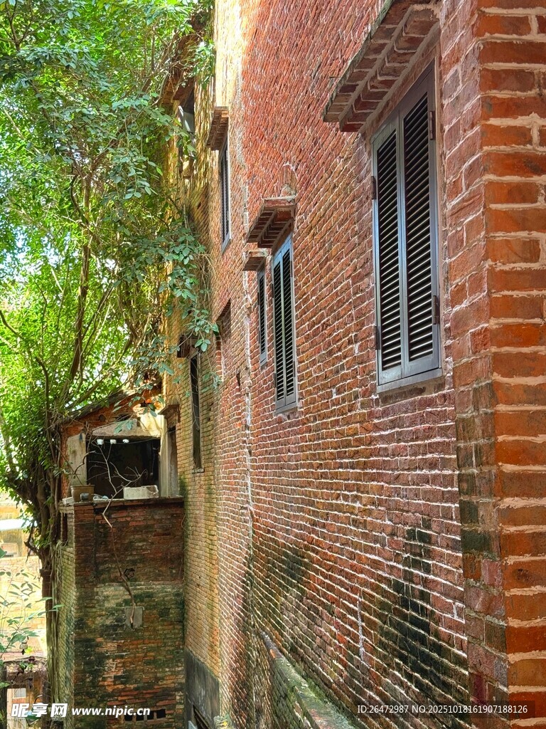 湛江赤坎老街红砖小巷旁静谧景致
