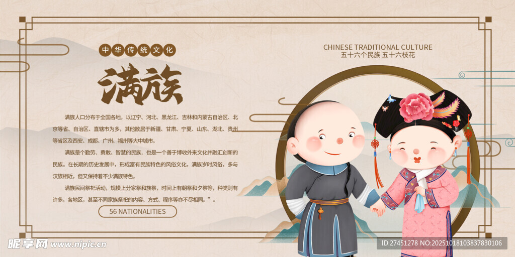 满族水墨简约民族文化介绍展板