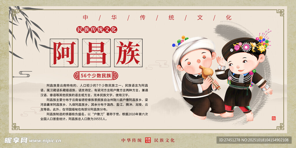 阿昌族水墨简约民族文化介绍展板