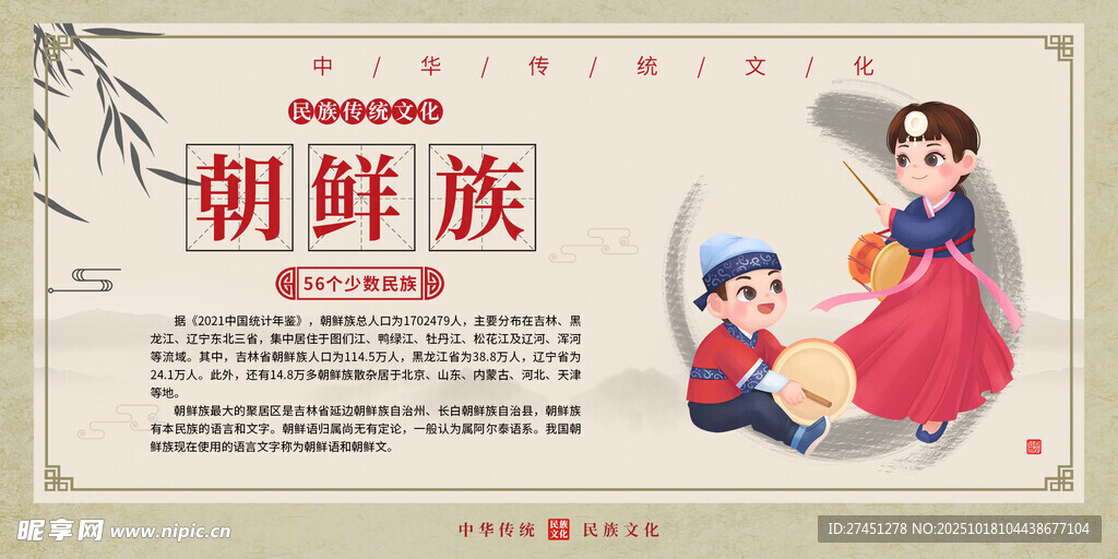 朝鲜族水墨简约民族文化介绍展板