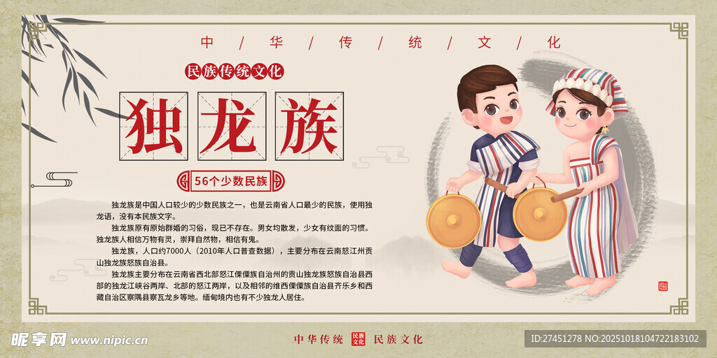 独龙族水墨简约民族文化介绍展板