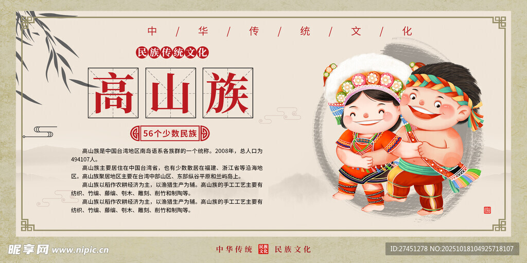 高山族水墨简约民族文化介绍展板