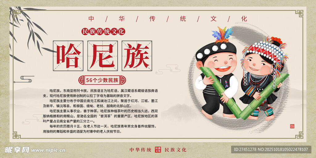 哈尼族水墨简约民族文化介绍展板