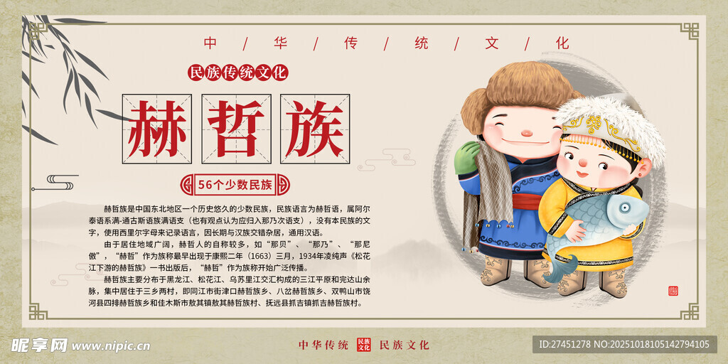 赫哲族水墨简约民族文化介绍展板