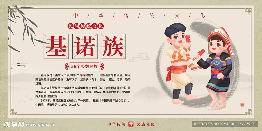 基诺族水墨简约民族文化介绍展板