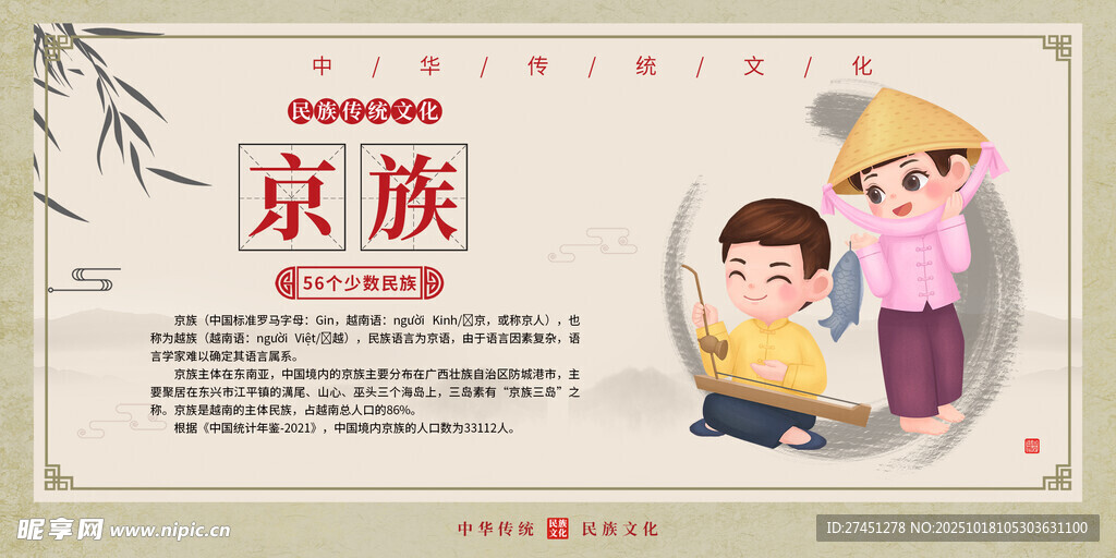 京族传水墨简约民族文化介绍展板