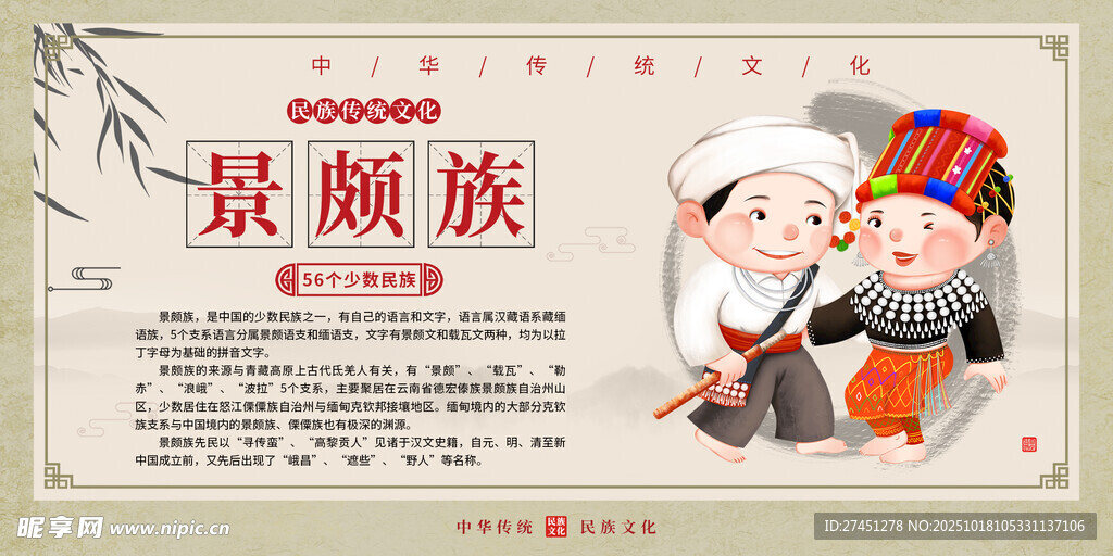 景颇族水墨简约民族文化介绍展板