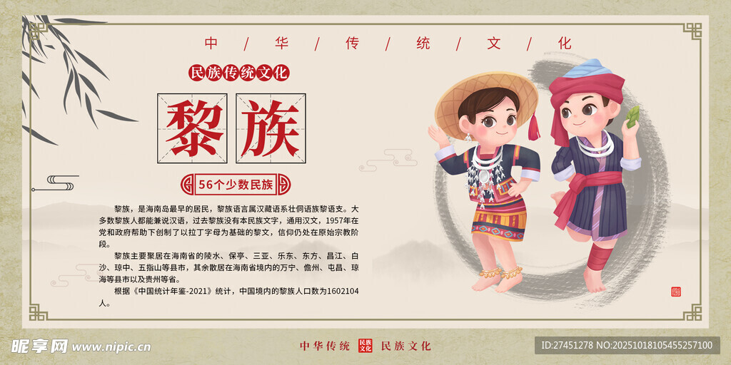 黎族水墨简约民族文化介绍展板