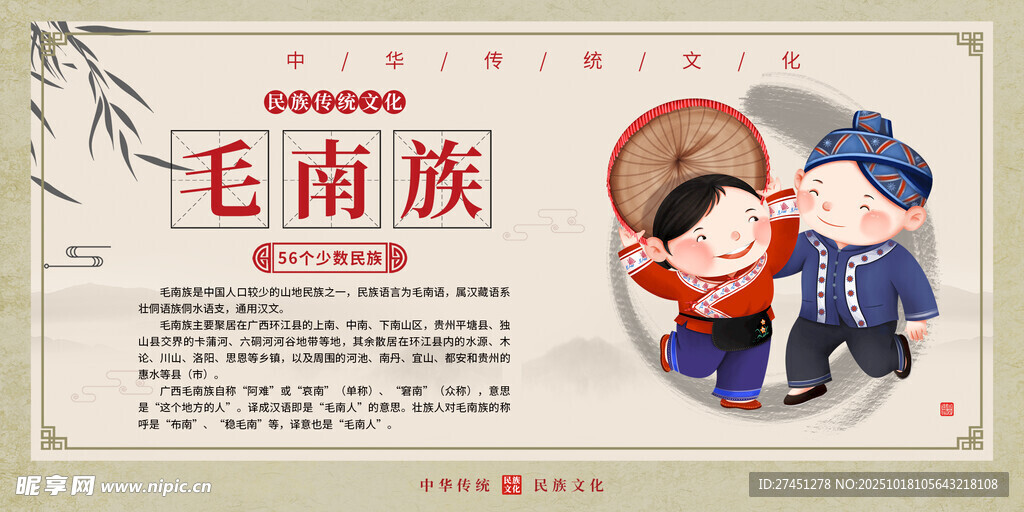 毛南族水墨简约民族文化介绍展板