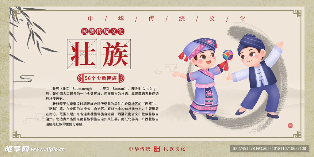 水墨简约民族文化介绍展板壮族