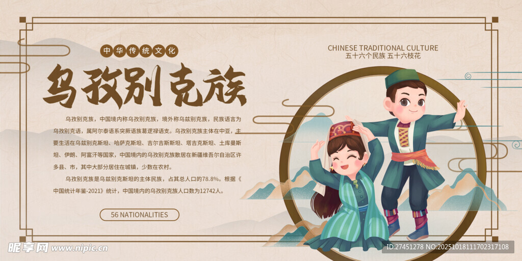 水墨简约乌孜别克族文化介绍展板