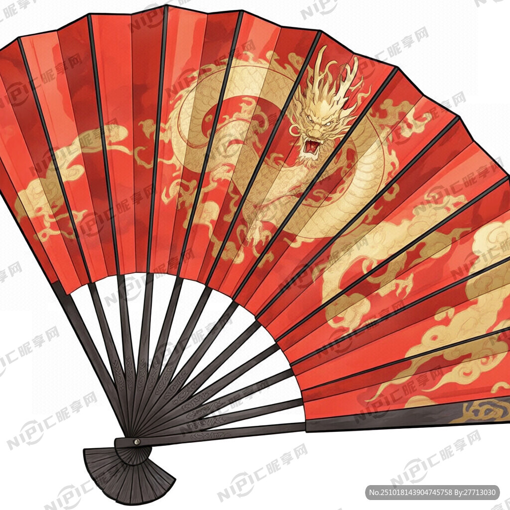 红色油纸扇 金色装饰 金色的龙