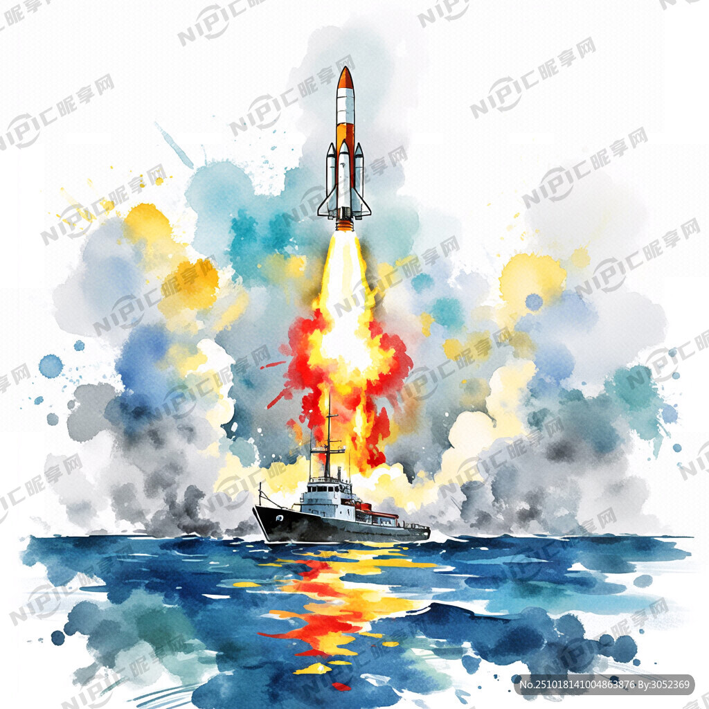 海上发射火箭 背景白色 运载船