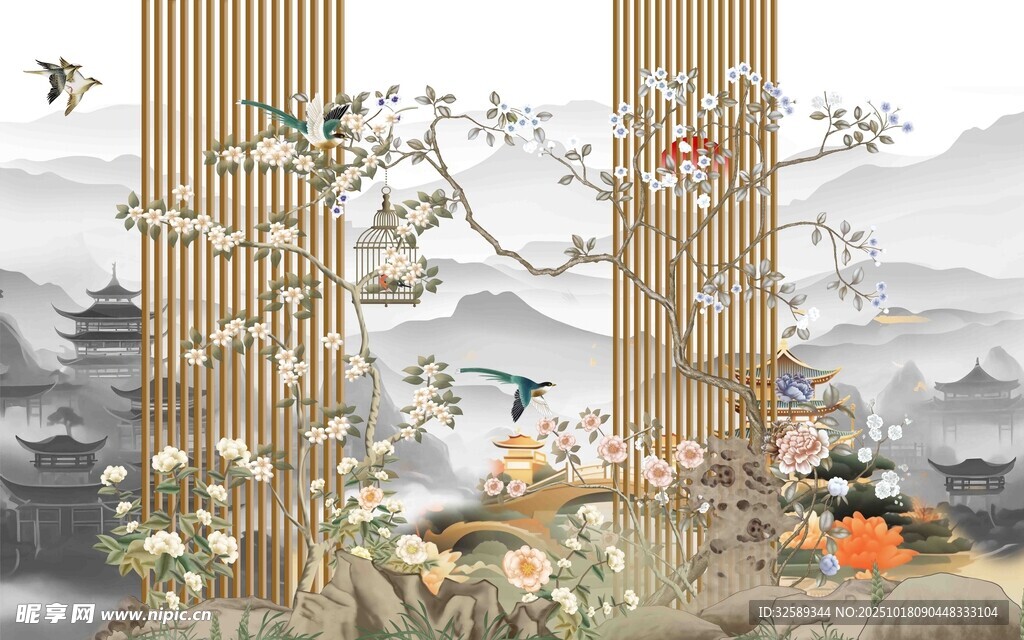 中式花鸟屏风装饰画