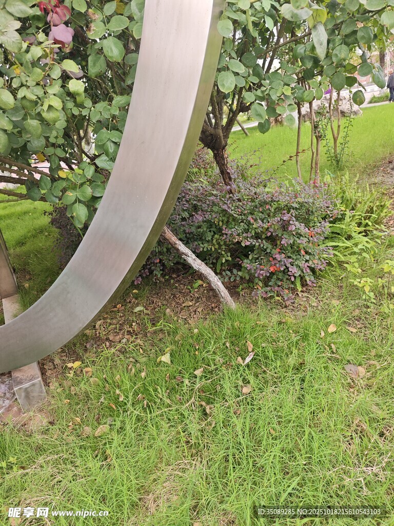 户外草地旁的金属弧形装置