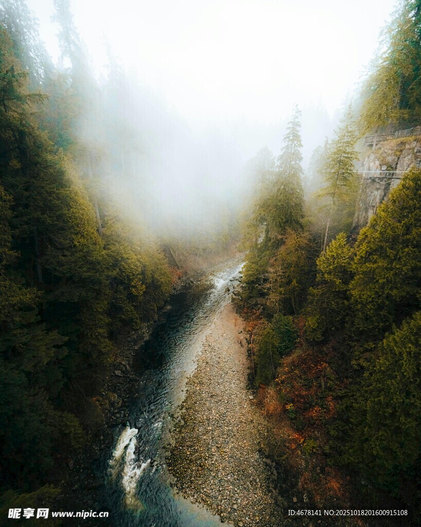山间雾中溪流美景