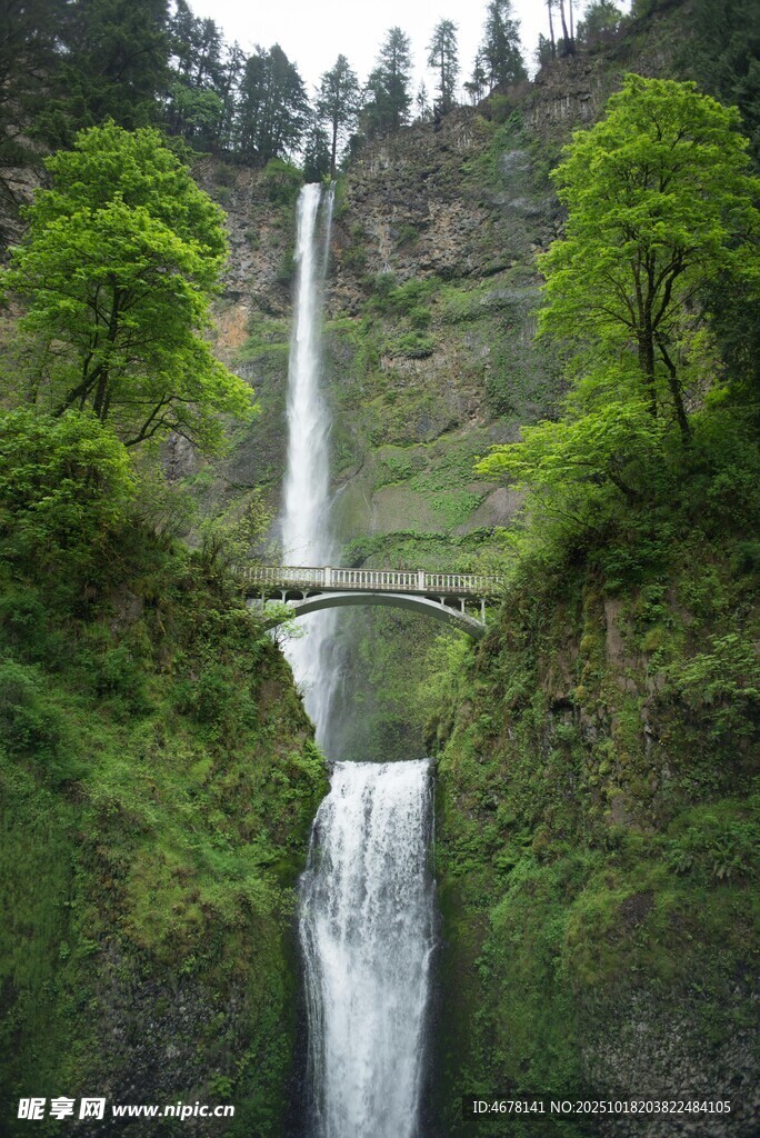 山间双瀑布与桥的美景