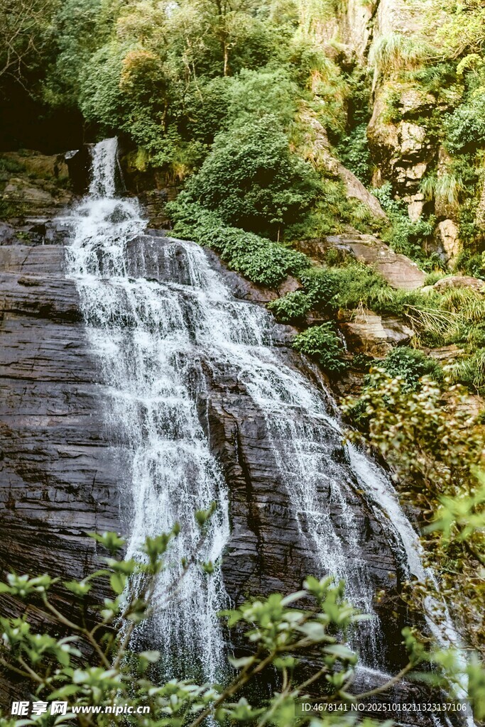 山间瀑布绿意环绕之景