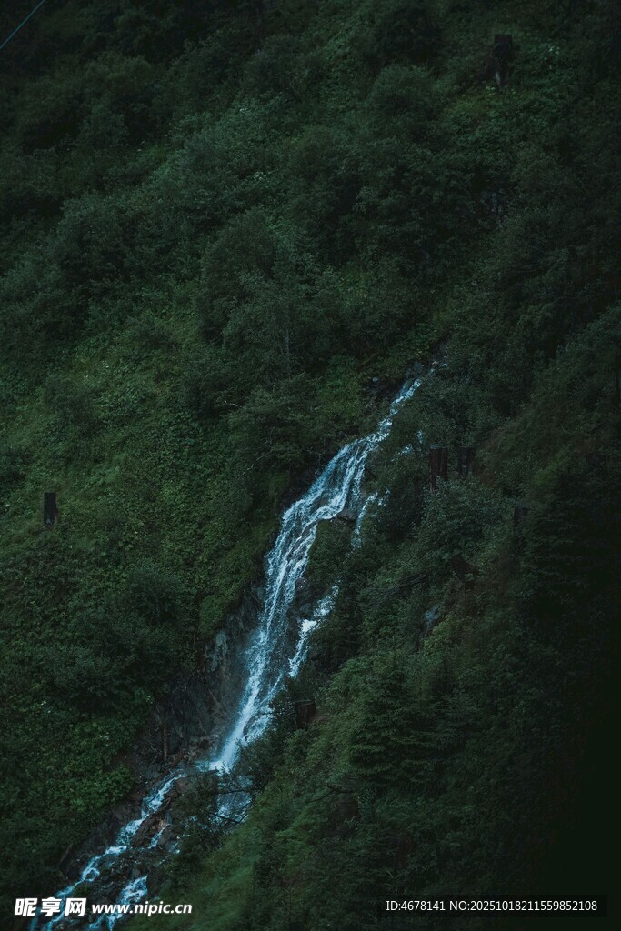 山间溪流穿行翠绿山林