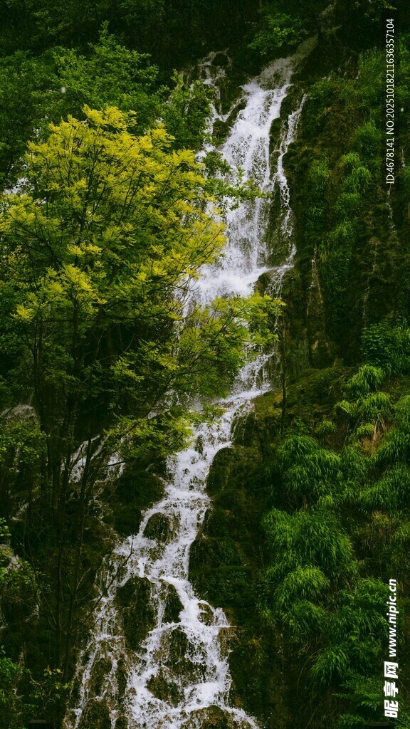 山间瀑布绿意环绕之景