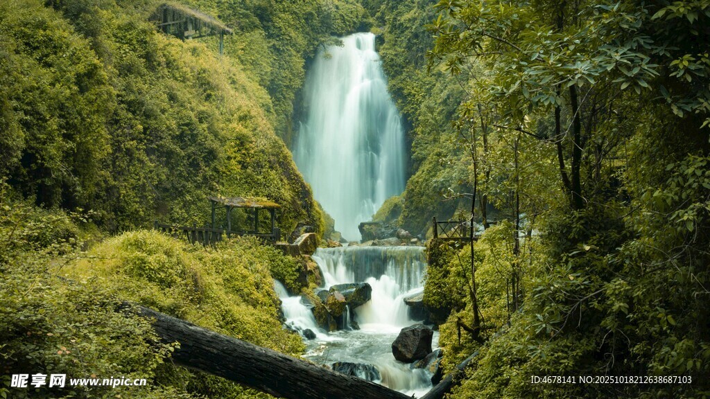 山间瀑布绿意盎然的自然美景