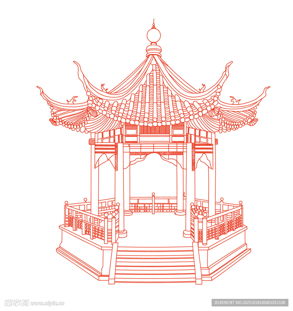 中式古典凉亭线稿图