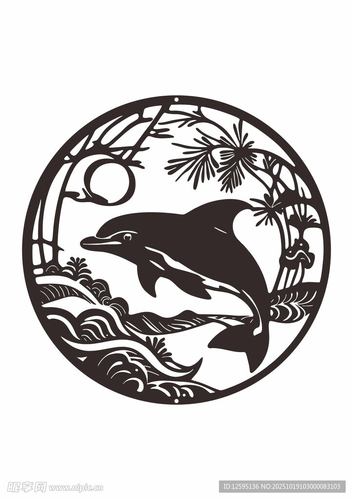 圆形海豚剪纸艺术图案