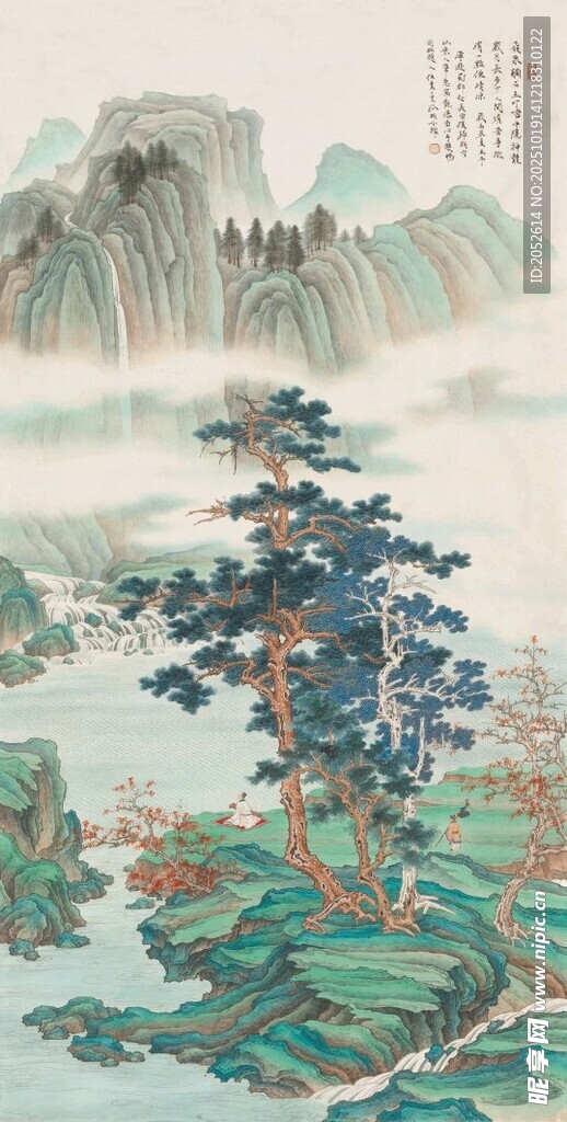 水墨山水间的孤松景致
